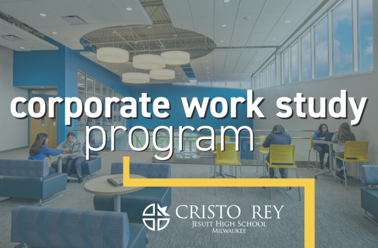 Graphic with background photo of Cristo Rey Jesuit High School
