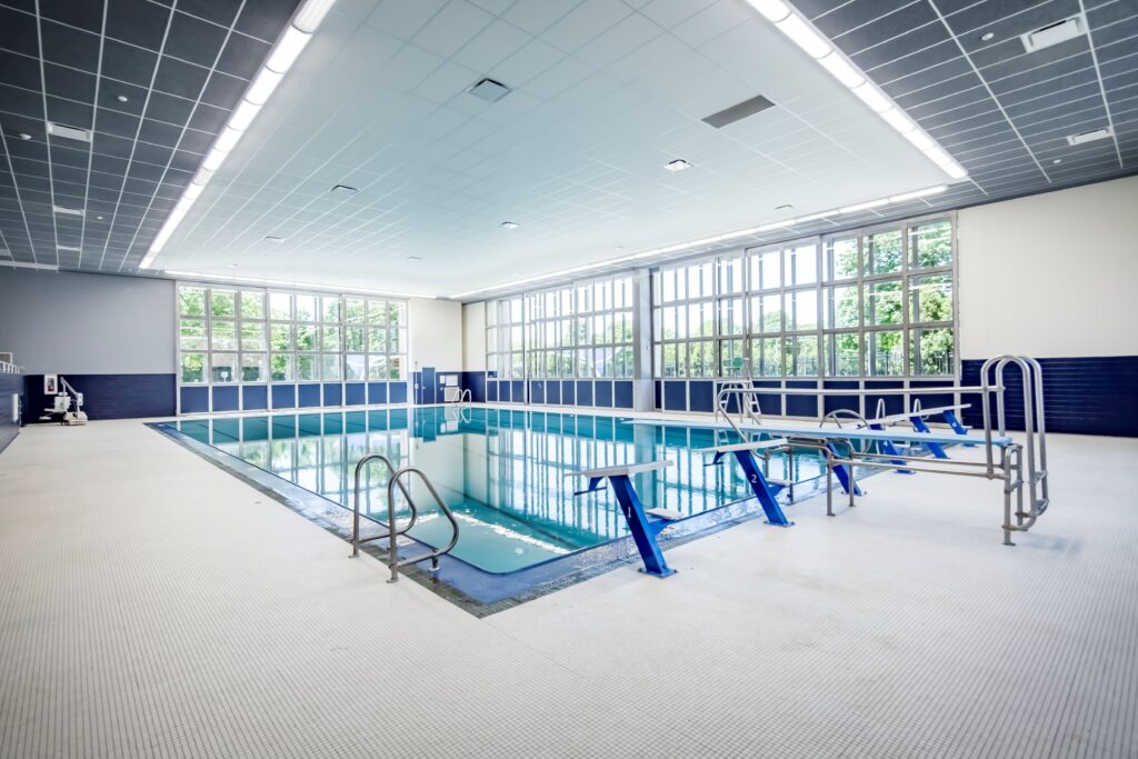 Indoor pool with doors closed to outdoor pool