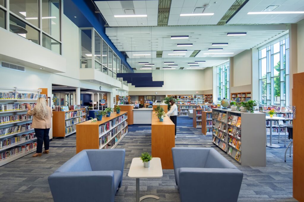 Book shelves and main desk