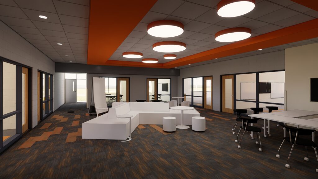 Pods area with flexible furniture, branding, and visibility into classrooms surrounding the area