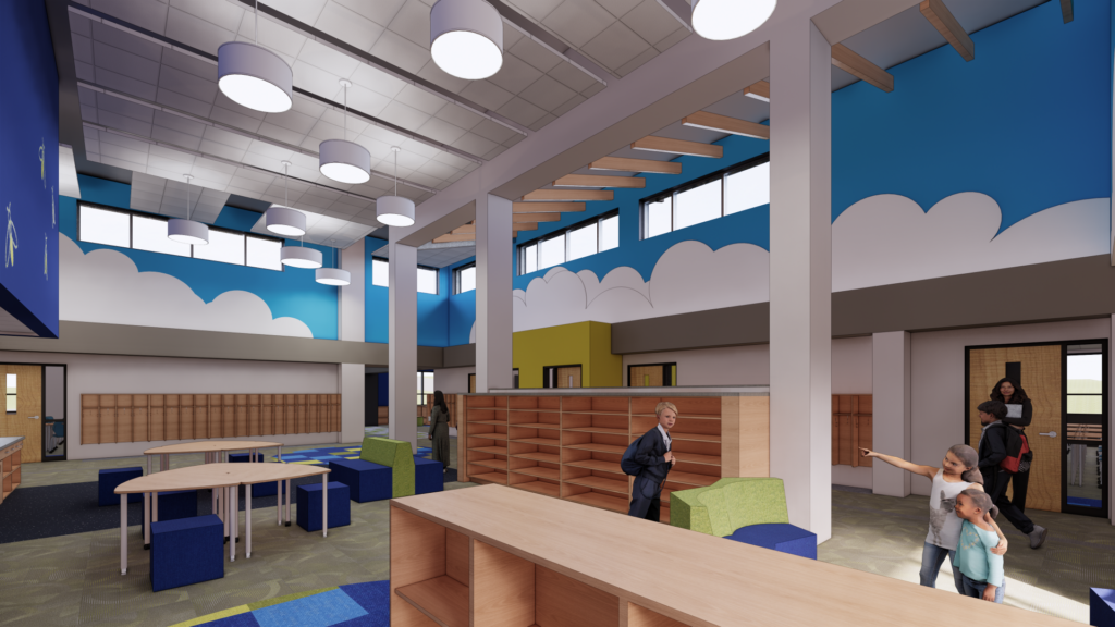 Commons area with clerestory windows and fun colors